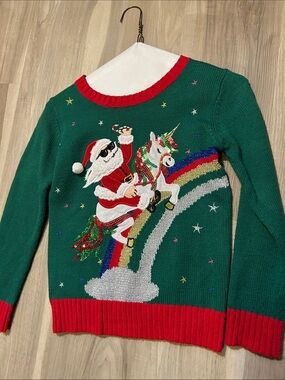 Green Holiday Sweater with Santa Riding Unicorn and Rainbow girls 7-8